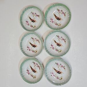 S/6 Vintage Small 5.25" German Ceramic Lusterware Bird + Floral Decorative Bowls